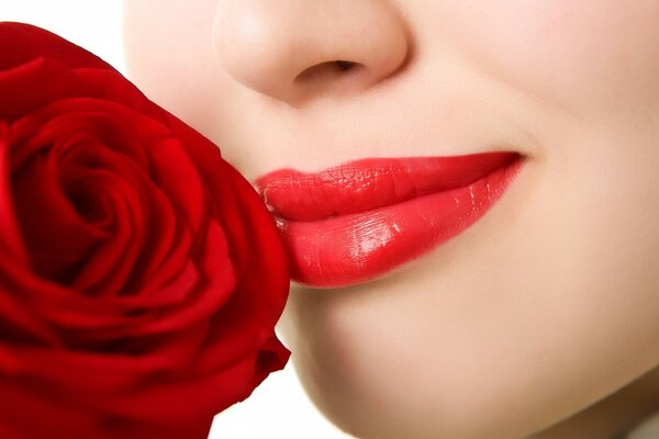 Scarlet lips and a scarlet rose