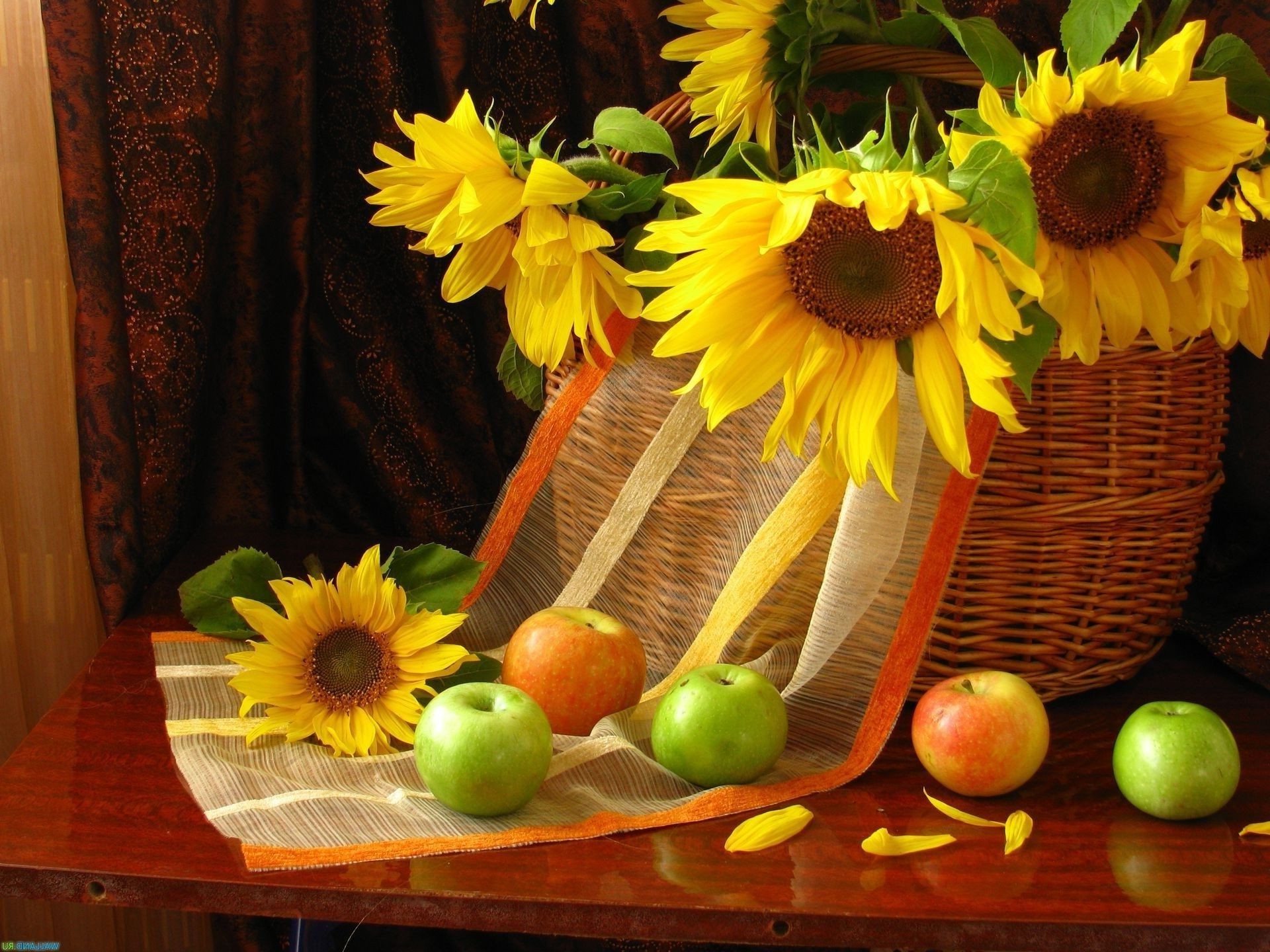 sunflowers leaf wooden basket nature summer wicker decoration flower bright desktop color fruit fall