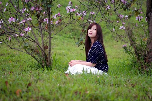 Mädchen sitzt auf dem Rasen im Park