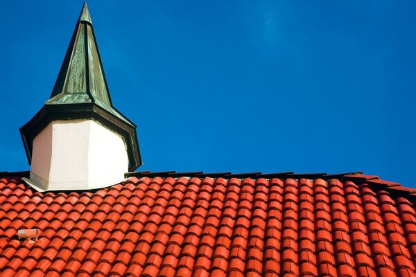 Red tiles on the roof. Turret with cone