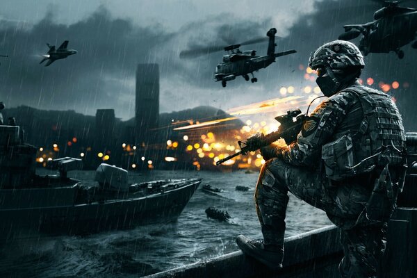 Military infantrymen on a rainy evening