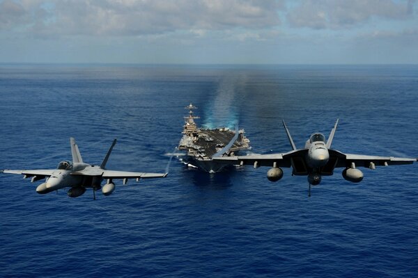 Military aircraft and ship at sea