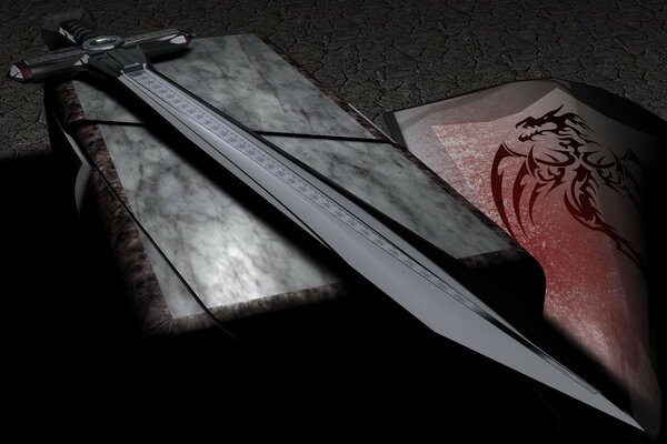 A sword with a long blade lies on the book