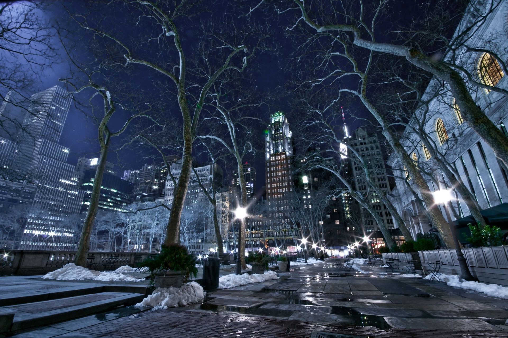 city light travel building road evening street winter architecture dark water