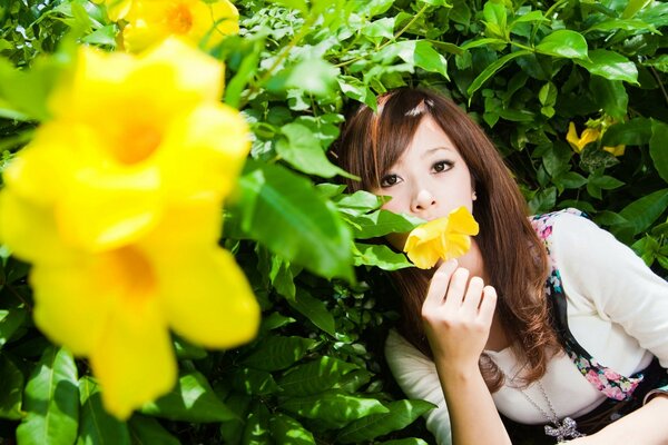 Fille sur la nature, portrait avec fleur