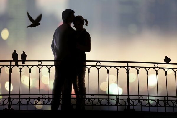 Casal de amor na ponte e pássaros