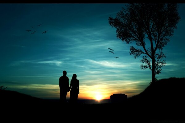 Silhouettes sur fond de soleil couchant