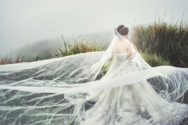 Mädchen von hinten im Hochzeitskleid in der Natur