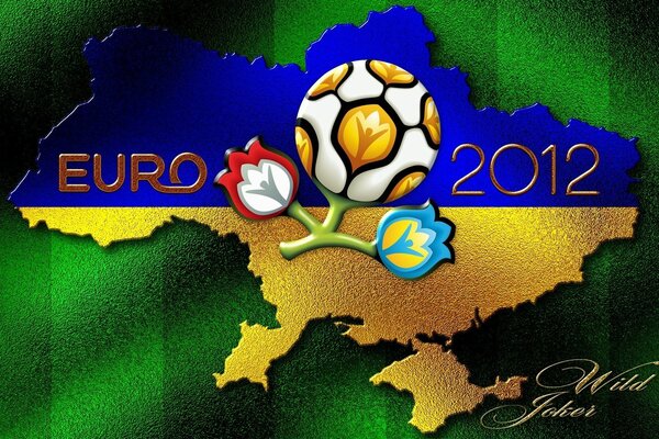 Euro 2012 mit Emblem und Karte mit der Farbe der ukrainischen Flagge