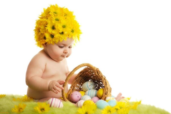 Cute baby with an Easter basket