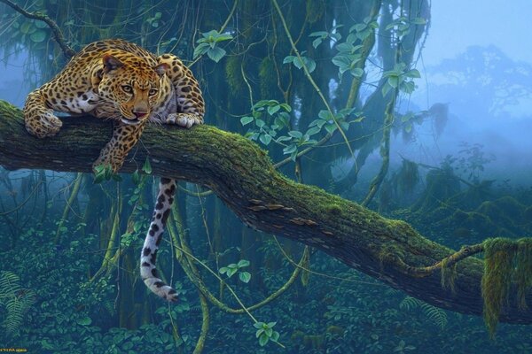 A leopard is sitting on a tree in the jungle