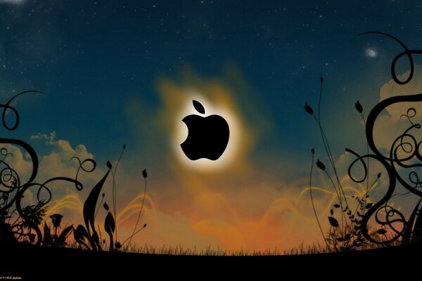 Logo Apple con bordo luminoso contro cielo blu scuro e motivi