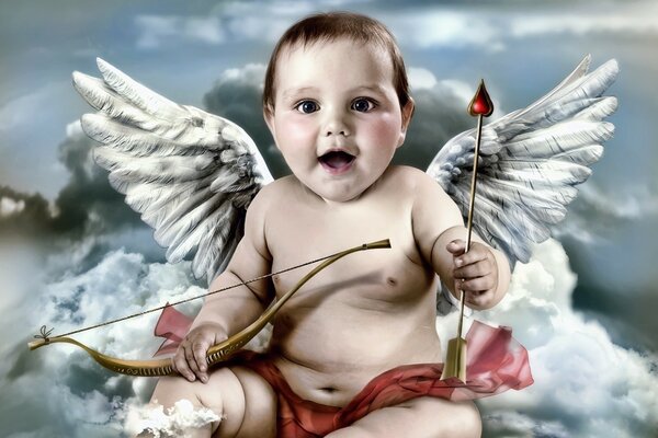 Cute little baby cupid giving an arrow in the clouds