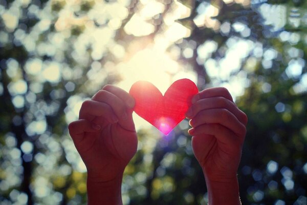 A red heart in the hands of a girl