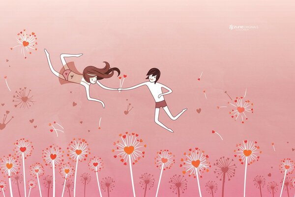 A boy and a girl catch a dandelion