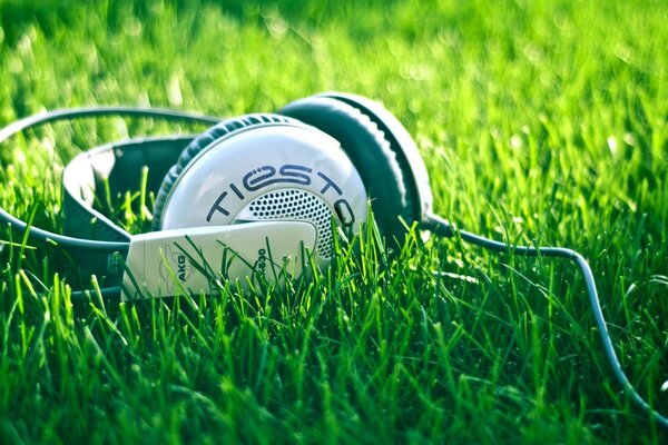 绿色草坪上的耳机。 音乐