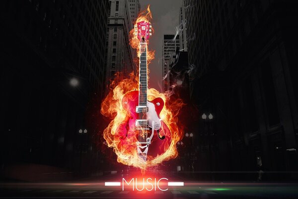 Guitare en flammes sur fond de gratte-ciel