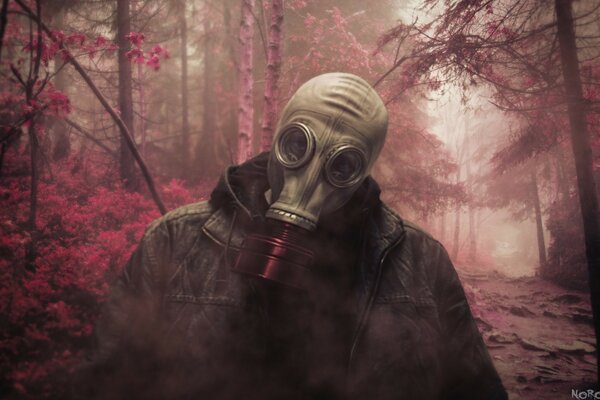 A figure in a gas mask in a restricted area