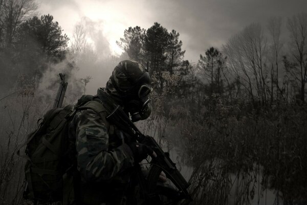 Soldiers at war with pistols on infantry