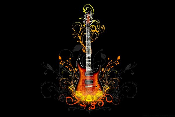 Guitare orange avec des motifs sur fond noir