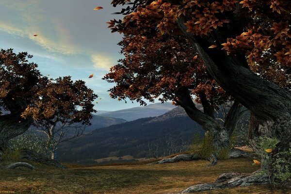 Autumn landscape with mountains background