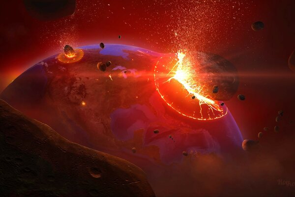 Collision of a giant asteroid and a planet