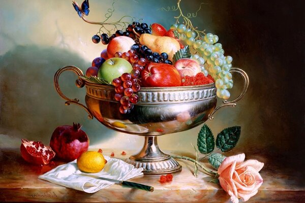 Still life fruit in an iron bowl