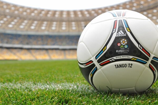 A soccer ball lying on the green surface of a huge stadium