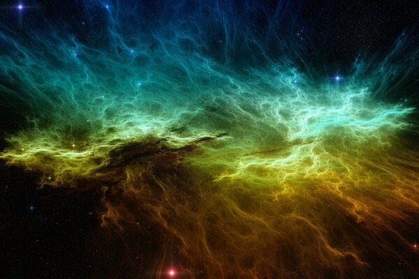 The nebula is yellow, blue, green, orange