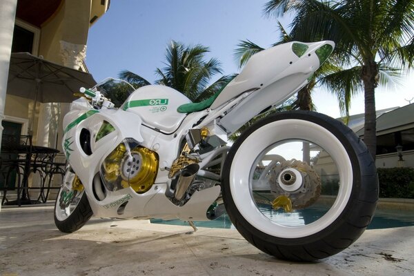 白色时尚摩托车在热带地区的街道上
