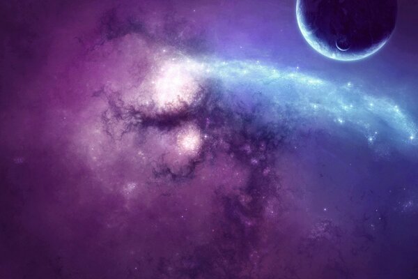 Barely visible light and a planet in the galaxy in purple colors