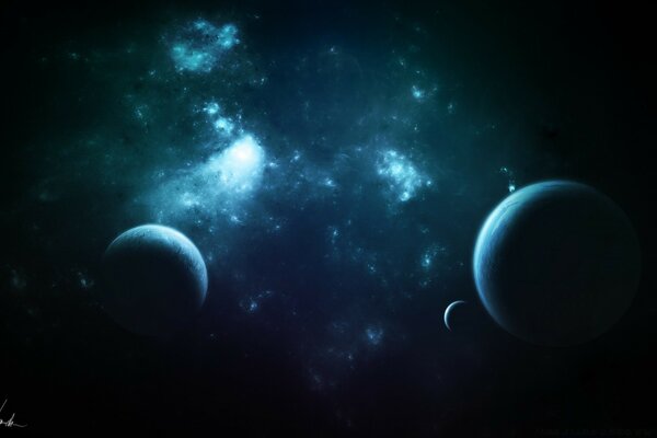 Planets in a cosmic galaxy on a dark background