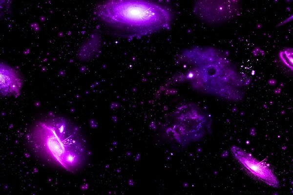 Many purple galaxies in space