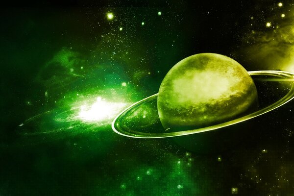 The planet Saturn in green