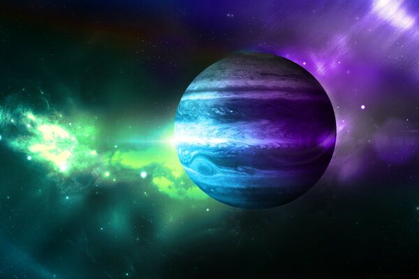 A magical planet in green and lilac tones