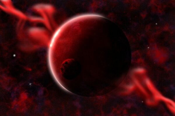 Red blurred moon on the background of space