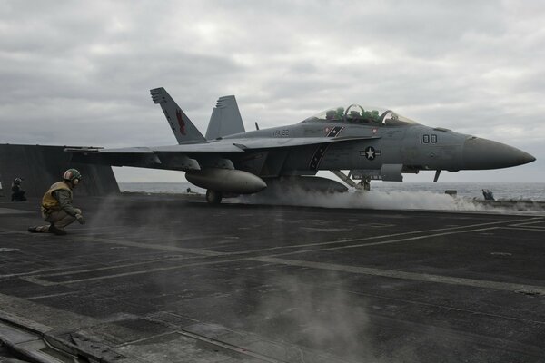 The takeoff of a supersonic military aircraft