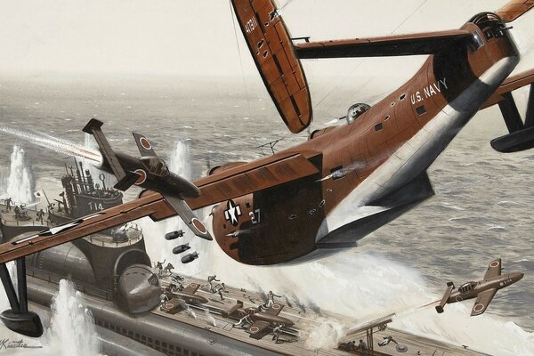 Bataille militaire. Deux avions et un bateau. Bataille sur l eau