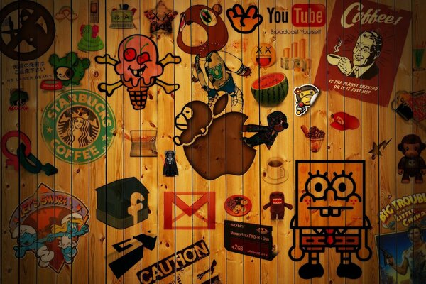 A set of stickers on a wooden background