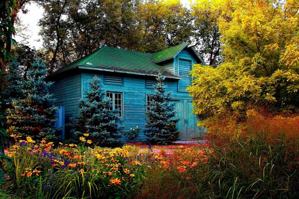Голубой дом с зеленой крышей на фоне осенних деревьев