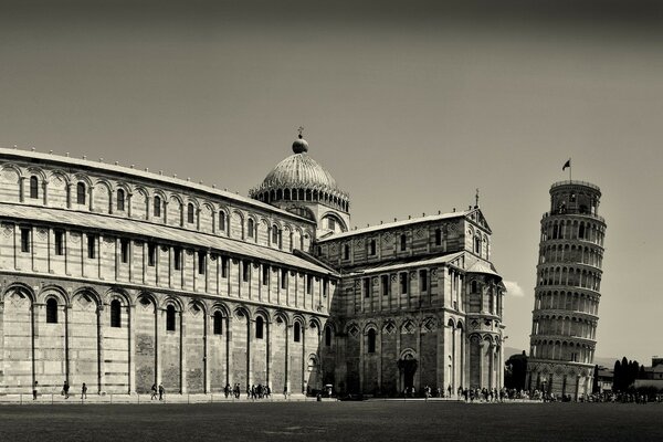 Black and white Leaning Tower of Pisa