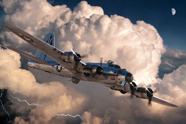 Avion dans les nuages pendant la foudre