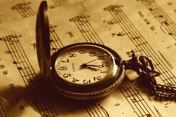 Vintage clock on a music notebook