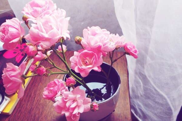 Belles fleurs roses dans un vase