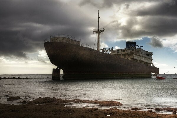 A ship at sea. Vintage. Water