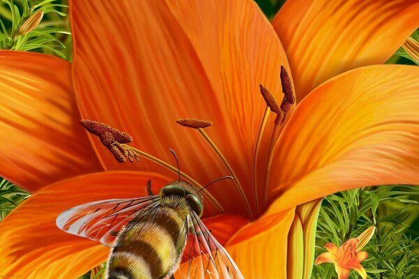 Lily with a bee on a leaf nature