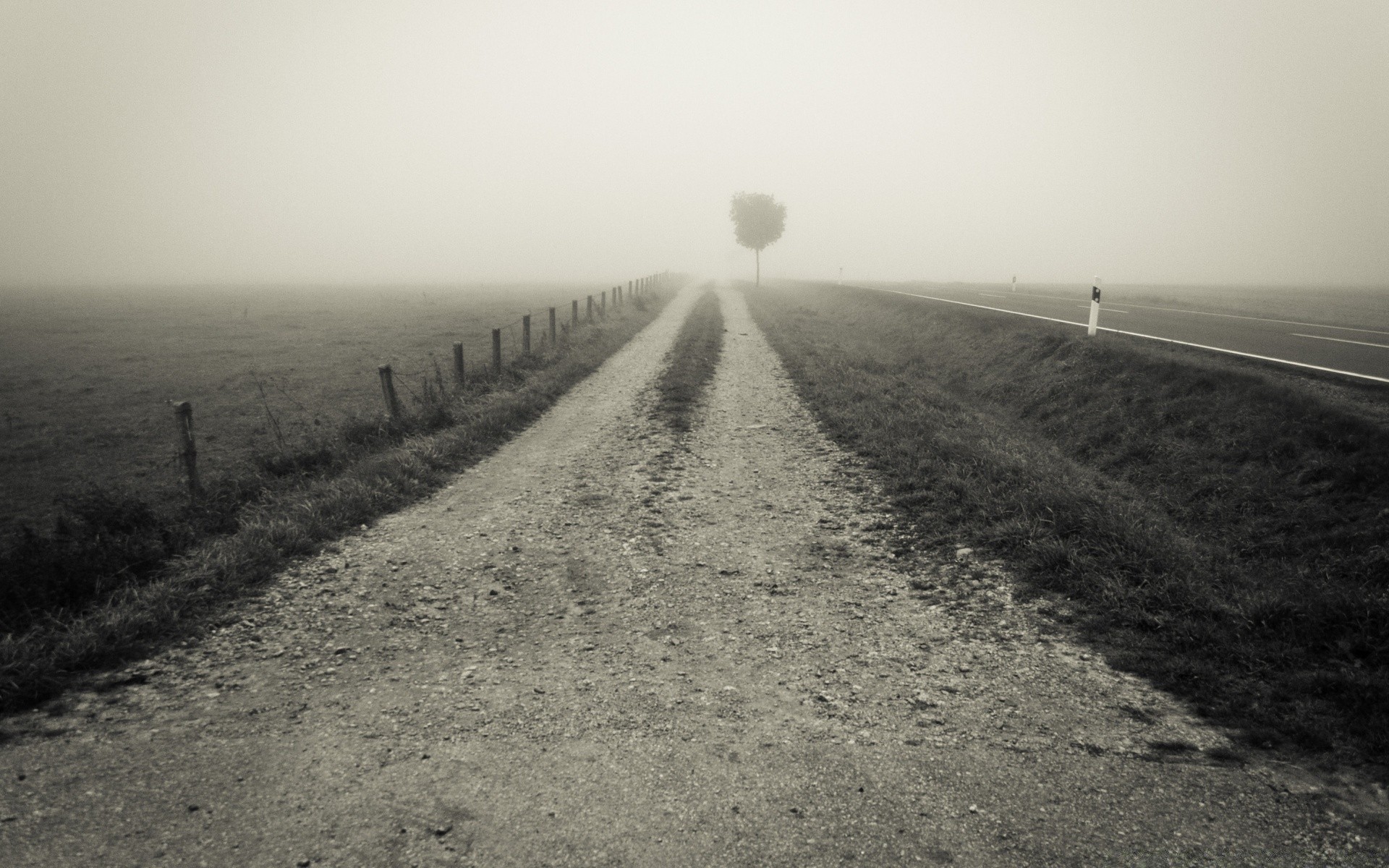 vintage landscape road fog dawn sunset mist sky desert light cropland