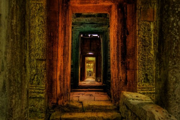 Multicolored corridor of an abandoned building