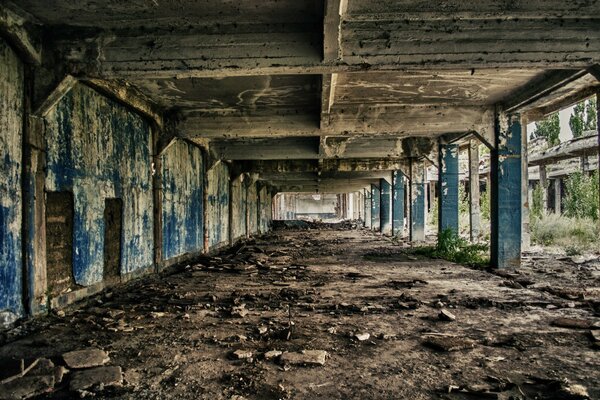 Abandoned building landscape in vintage style