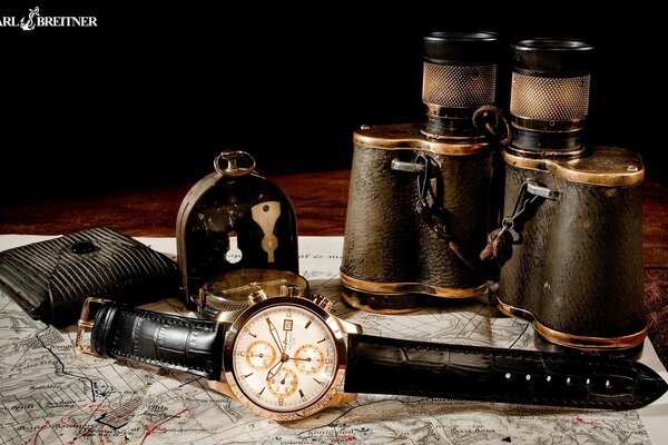 Antique Retro objects on the brass table